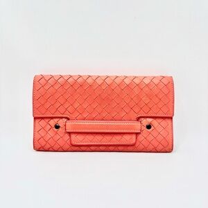 Authentic Bottega Veneta Peach Orange & Grey All Leather Long Wallet